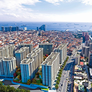 city and sea aerial view with lots of building and ships